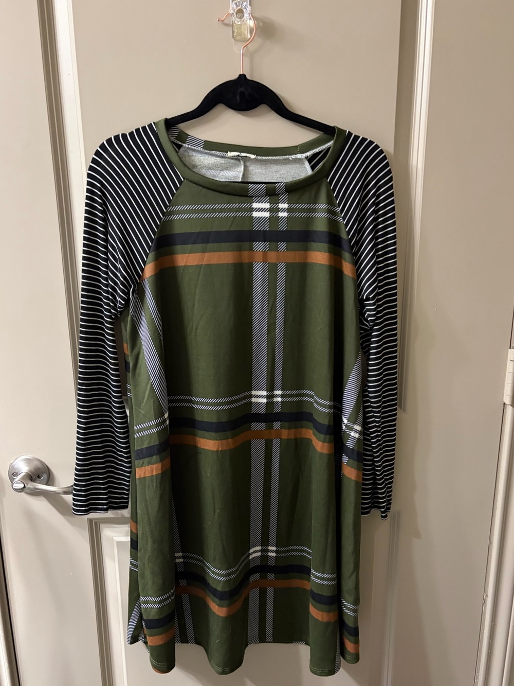 Egs by Eloges Olive Green Striped Mixed-Print Tunic Dress